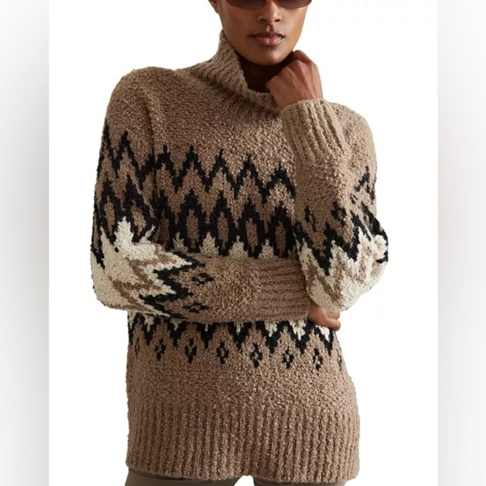 REISS Bobbi Chunky Fairisle Pattern Knit Funnel Neck Jumper In Brown Size Large - Picture 4 of 11
